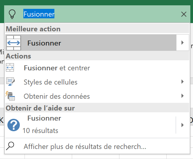 Menu aide intégré dans Excel