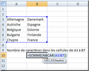 Formule matricielle - Comptabilisation du nombre de caractères -