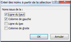 Création automatique de zones noms - boite de dialogue : Créer des noms à partir de la sélection
