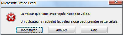 Protéger les cellules  - Validation des données - Comportement en cas d erreur - Message erreur
