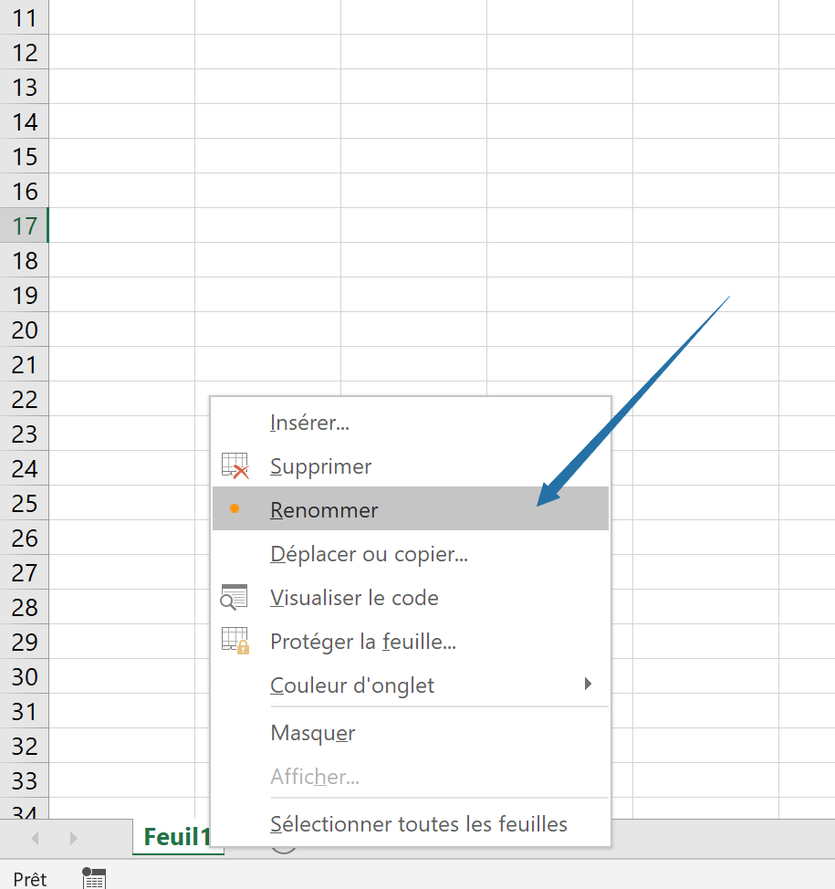 Sélection du menu renommer de la feuille