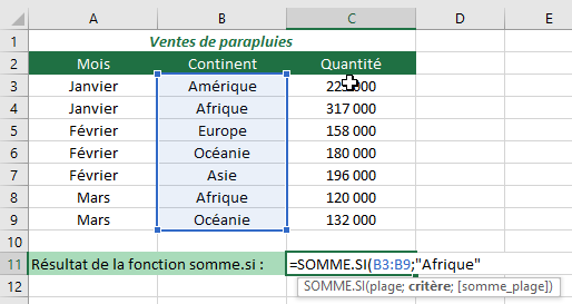 Fonction somme.si tutoriel - étape 3 