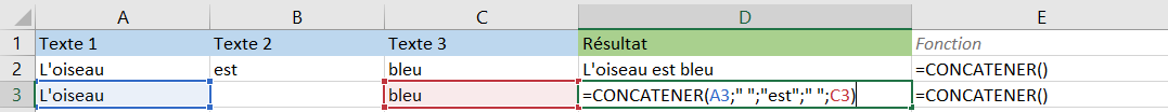 Formule: CONCATENER() - Assembler le texte avec espace 