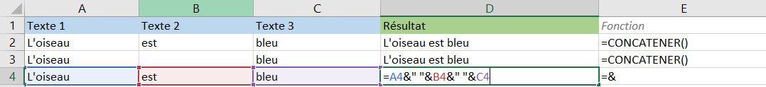 Formule : & - Assembler le texte avec espace 