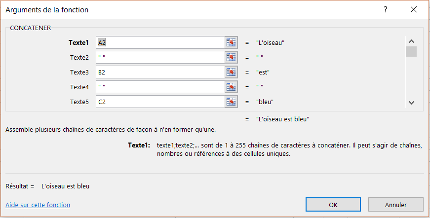 Formule: CONCATENER() - Assembler le texte - boite de dialogue