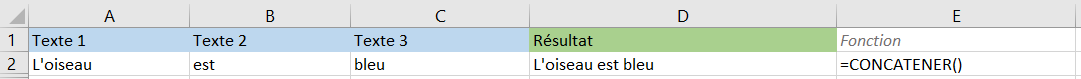 Formule: CONCATENER() - Assembler le texte - résultat