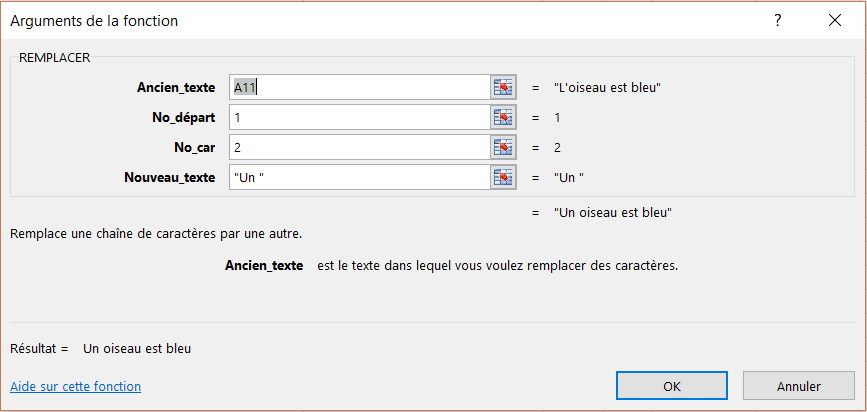 Formule: REMPLACE() - Remplacer une chaîne de caractère dans une cellule - boite de dialogue