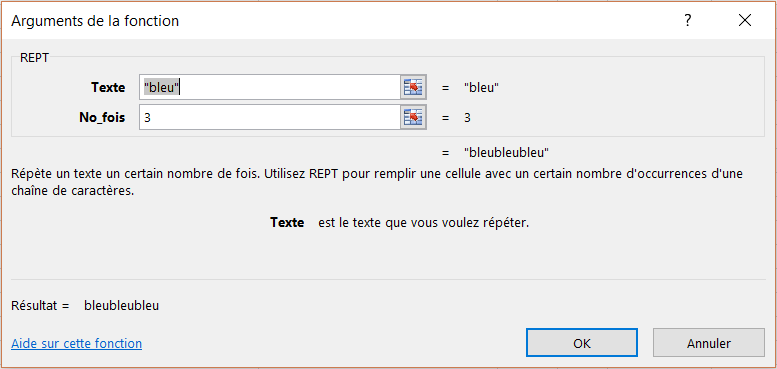 Formule: REPT() - Répéter une chaîne de caractère - Boite de dialogue