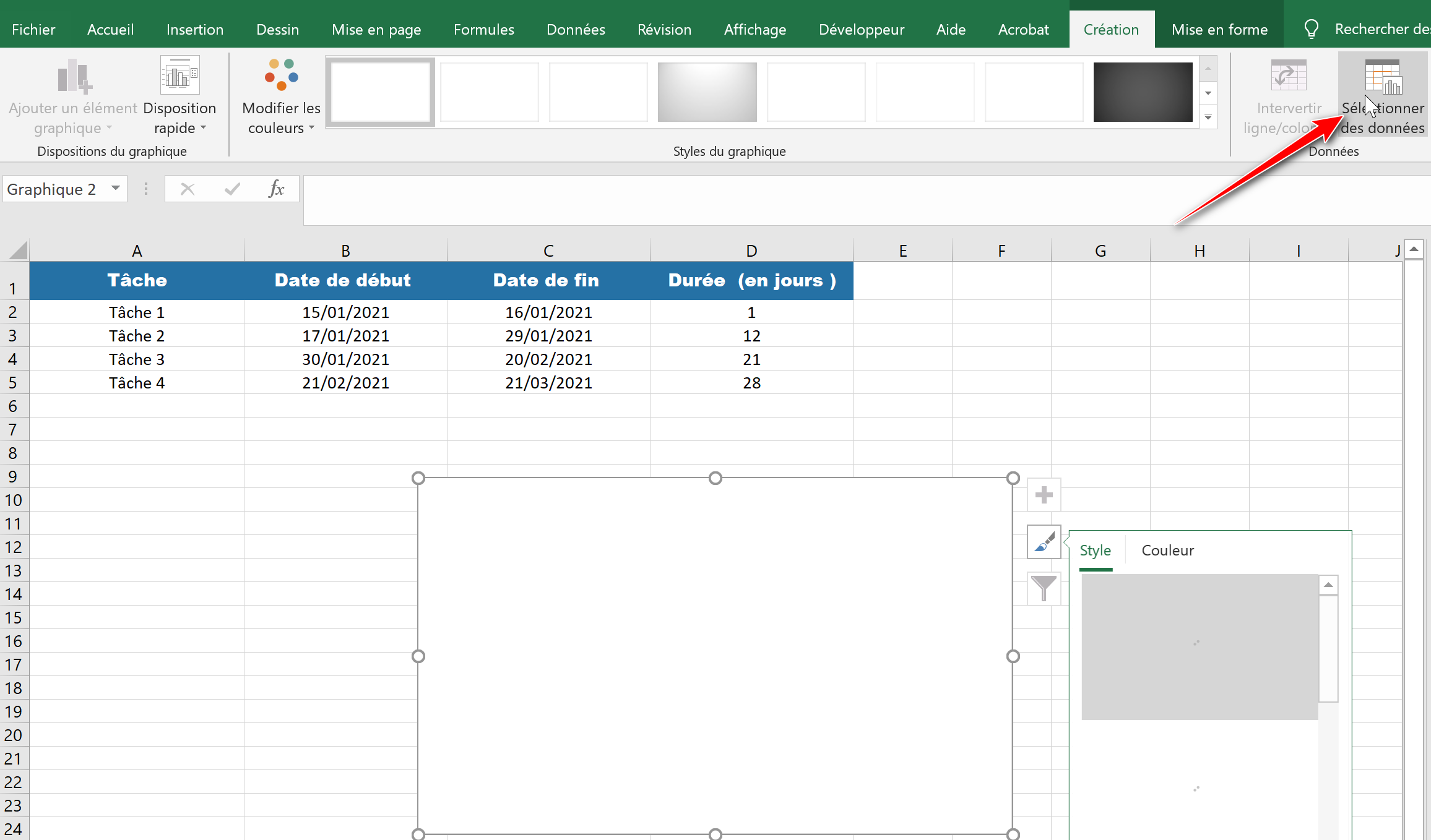 Sélectionner les données exemple diagramme de gantt