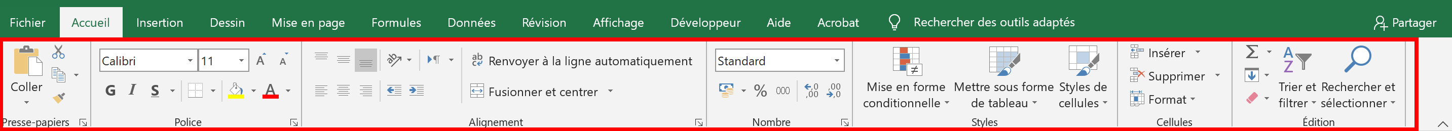 Ruban dans Excel