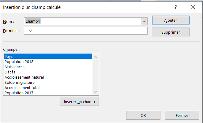 Tableau croisé dynamique - Insertion d'un champs calculé