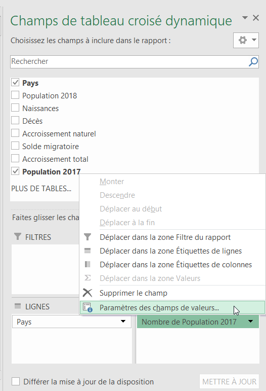 Tableau croisé dynamique " ;Paramètres des champs de valeurs..." ; dans le menu