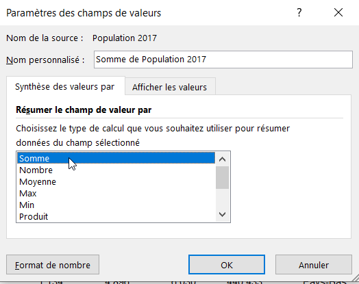 Tableau croisé dynamique " ;Paramètres des champs de valeurs" ; - type de calcul