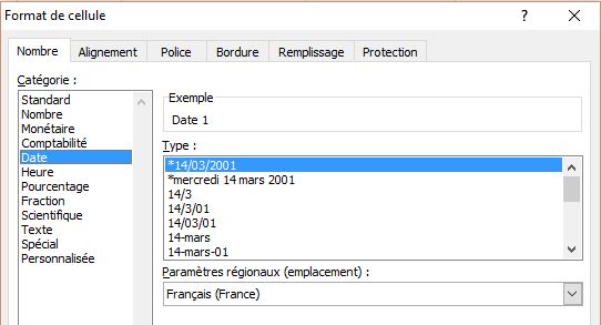 Choisir "Date" puis dans "Type :" le type de date souhaité dans la boite de dialogue